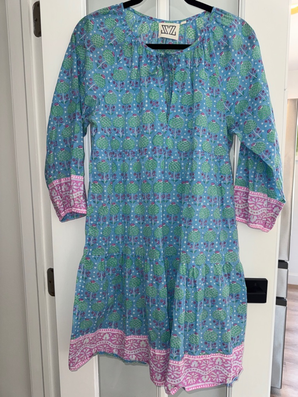 SZ Blockprints Priya dress in blue, pink green floral cotton large L